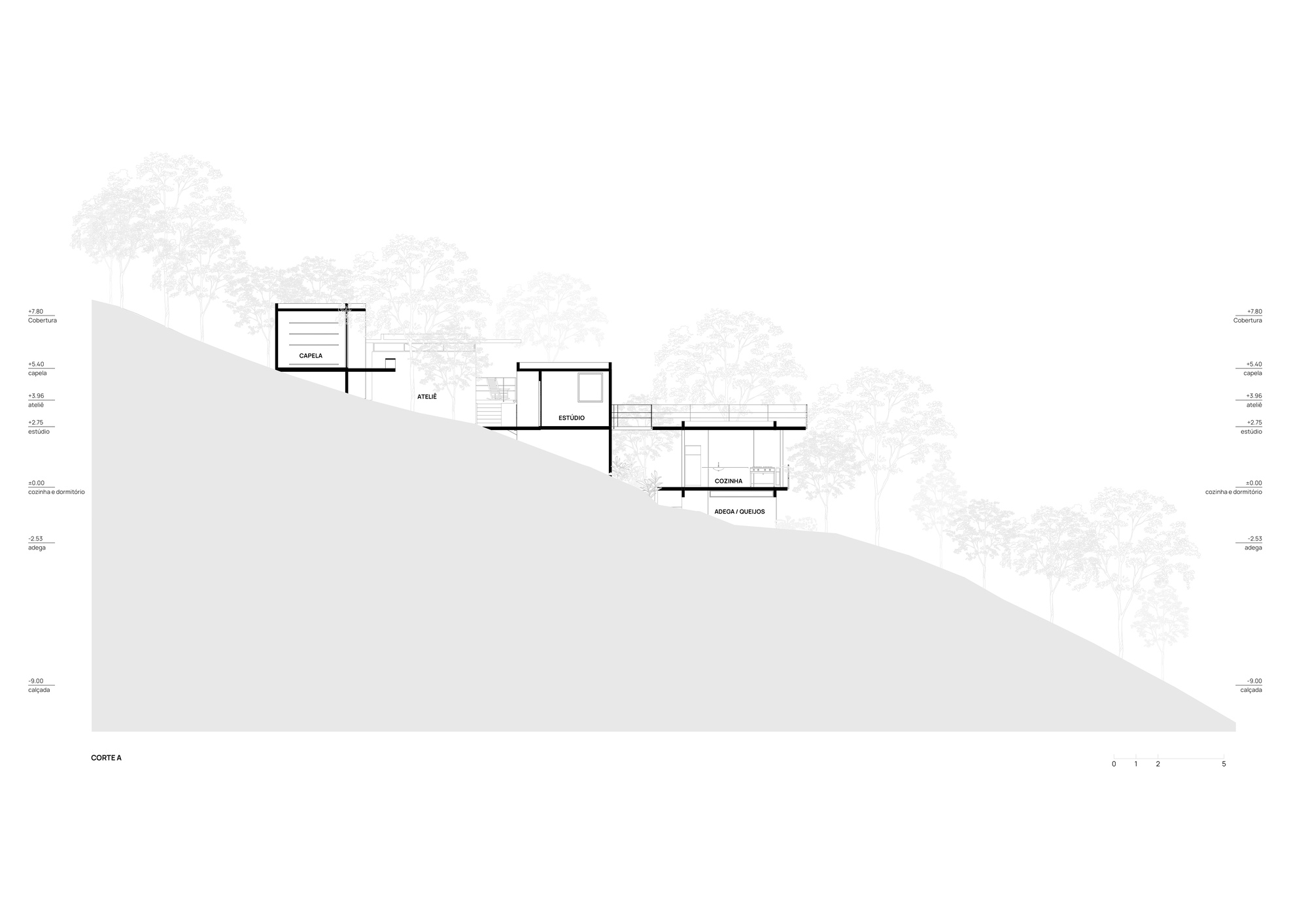Section drawing showing multiple building volumes cascading down a hillside terrain with trees