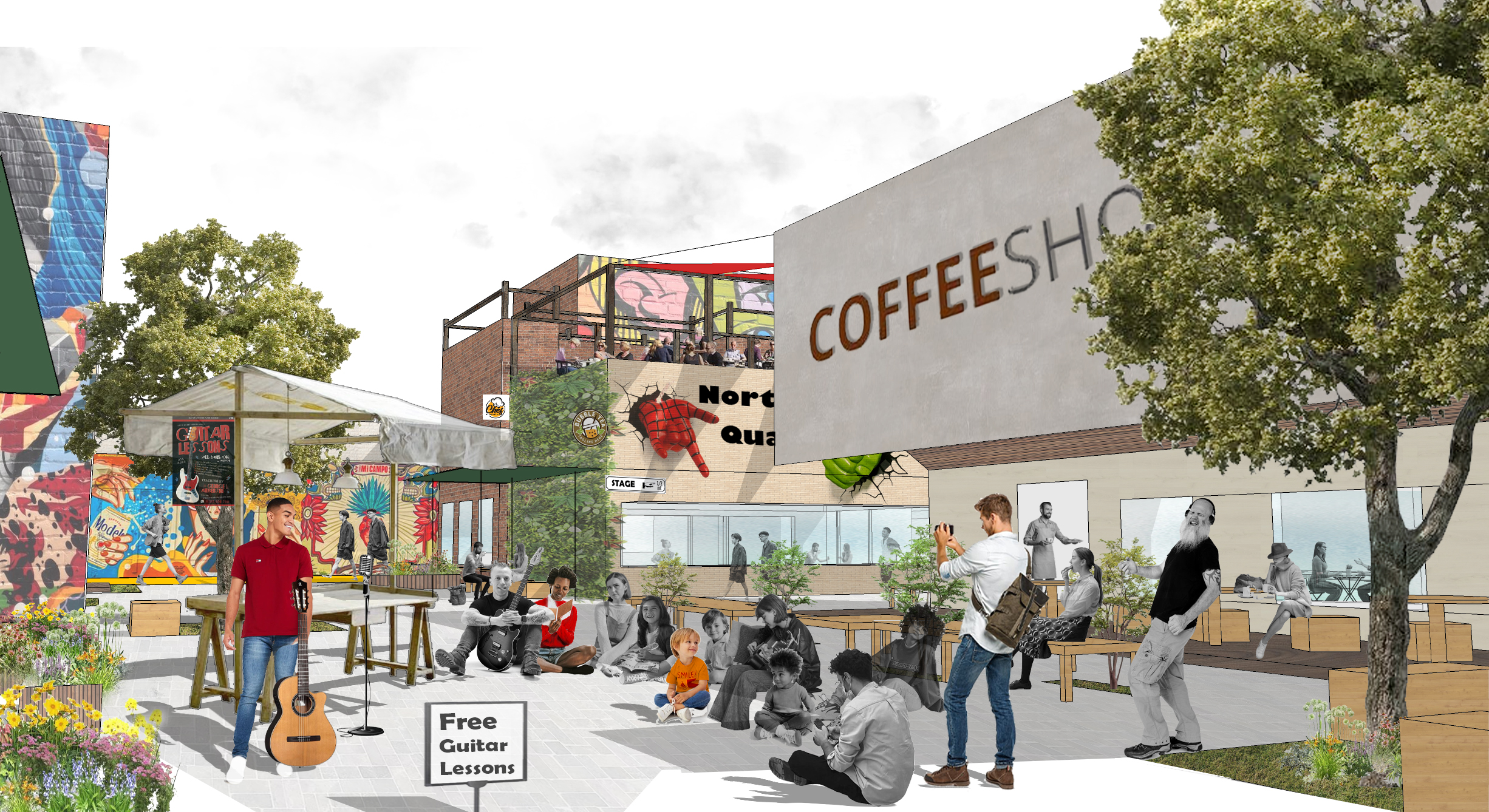 Daytime activation of previously underused courtyard space, demonstrating the spatial impact of the proposed system.