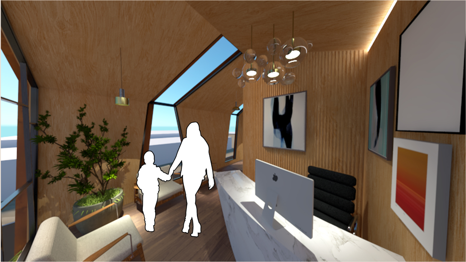 A compact reception and waiting area filled with daylight, greenery, and natural finishes.