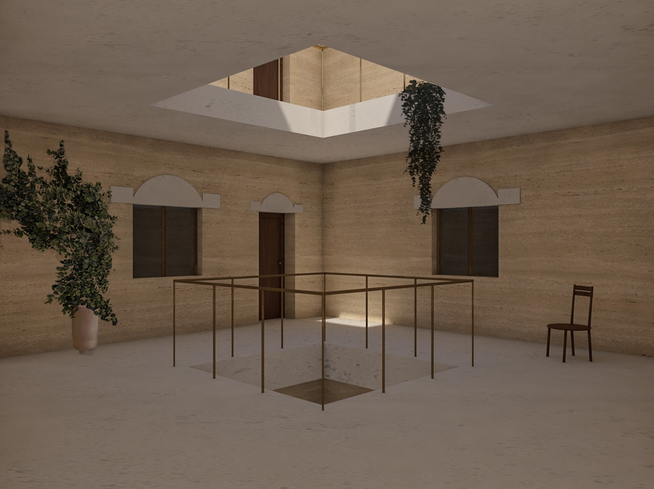 Quiet courtyard interior with skylight, greenery, and private thresholds.
