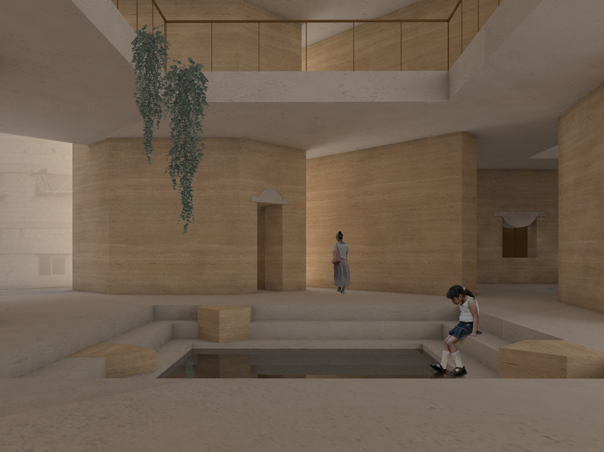 Communal patio shaped by earthen walls, light, and shaded gathering space.