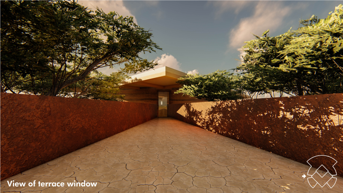 Terrace pathway leading toward the chapel through shaded landscape edges.
