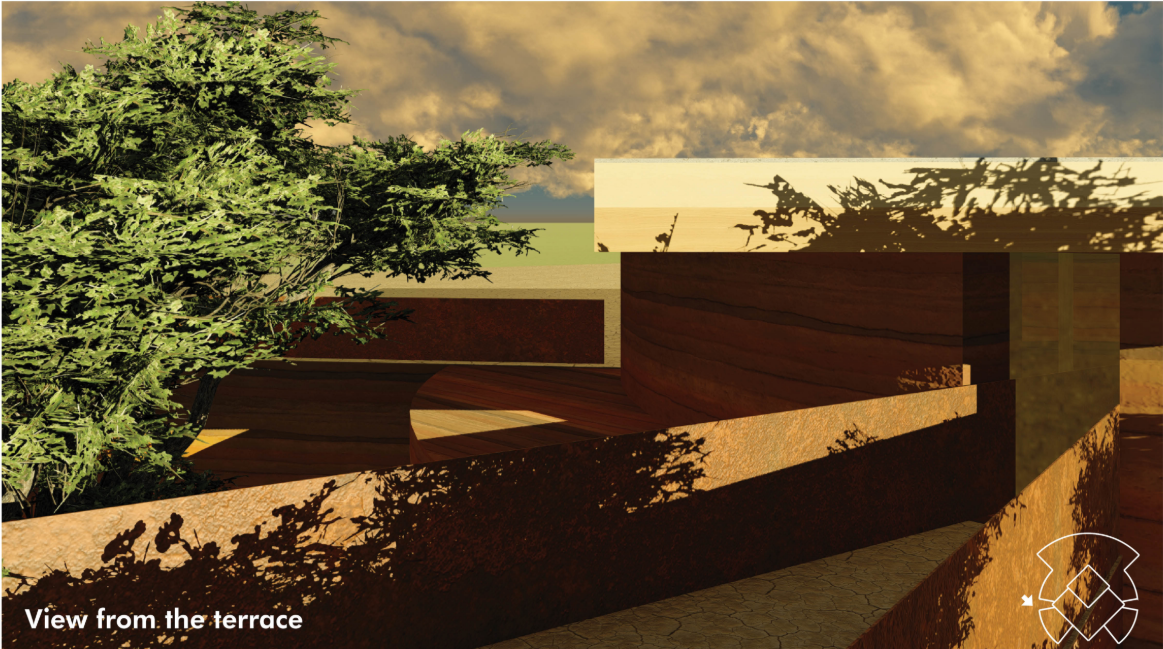 Earthen terrace walls and natural shadows strengthen the chapel’s grounded character.