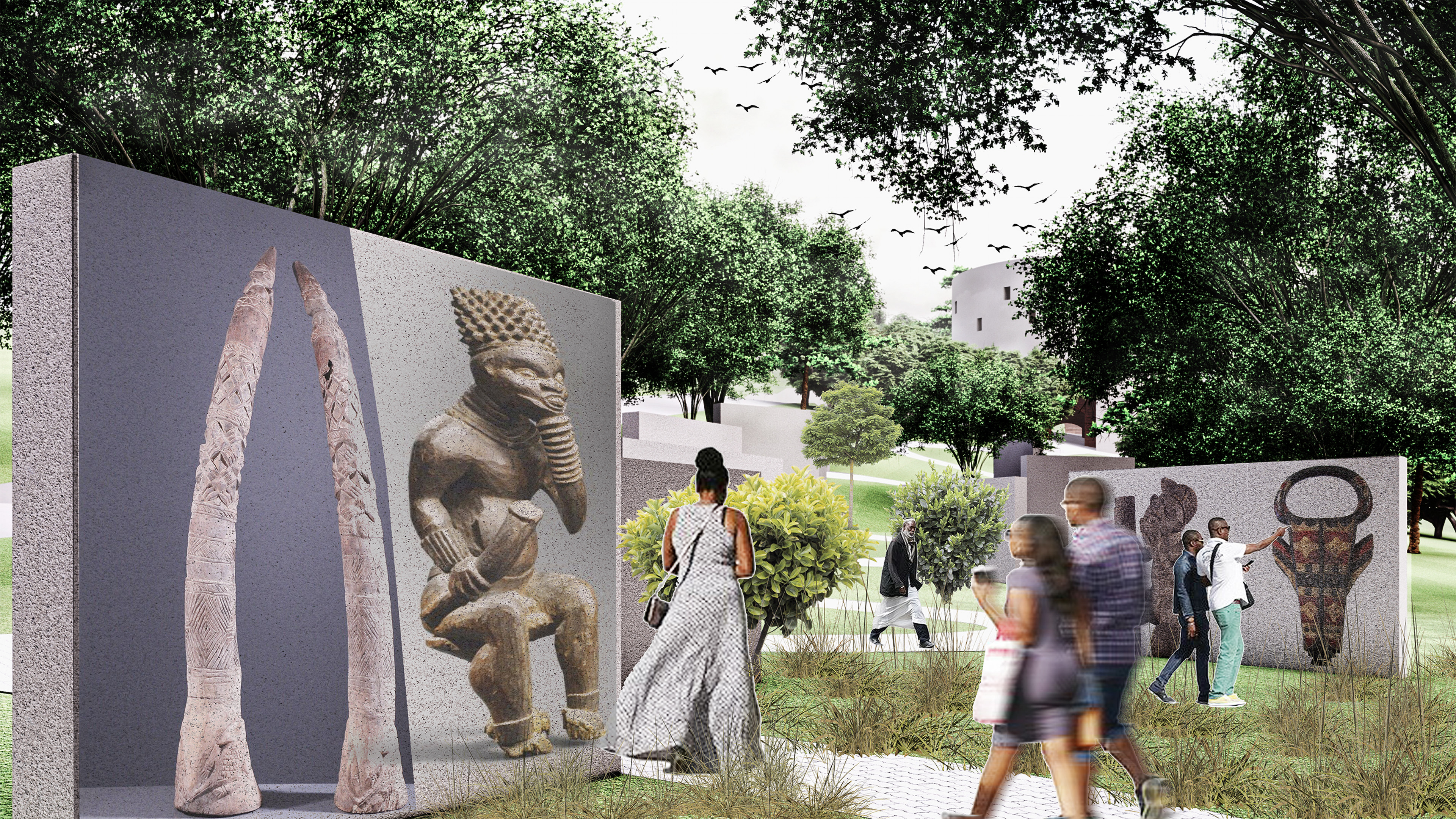 Cultural memory walls guide visitors through Foumban’s landscaped heritage walk.