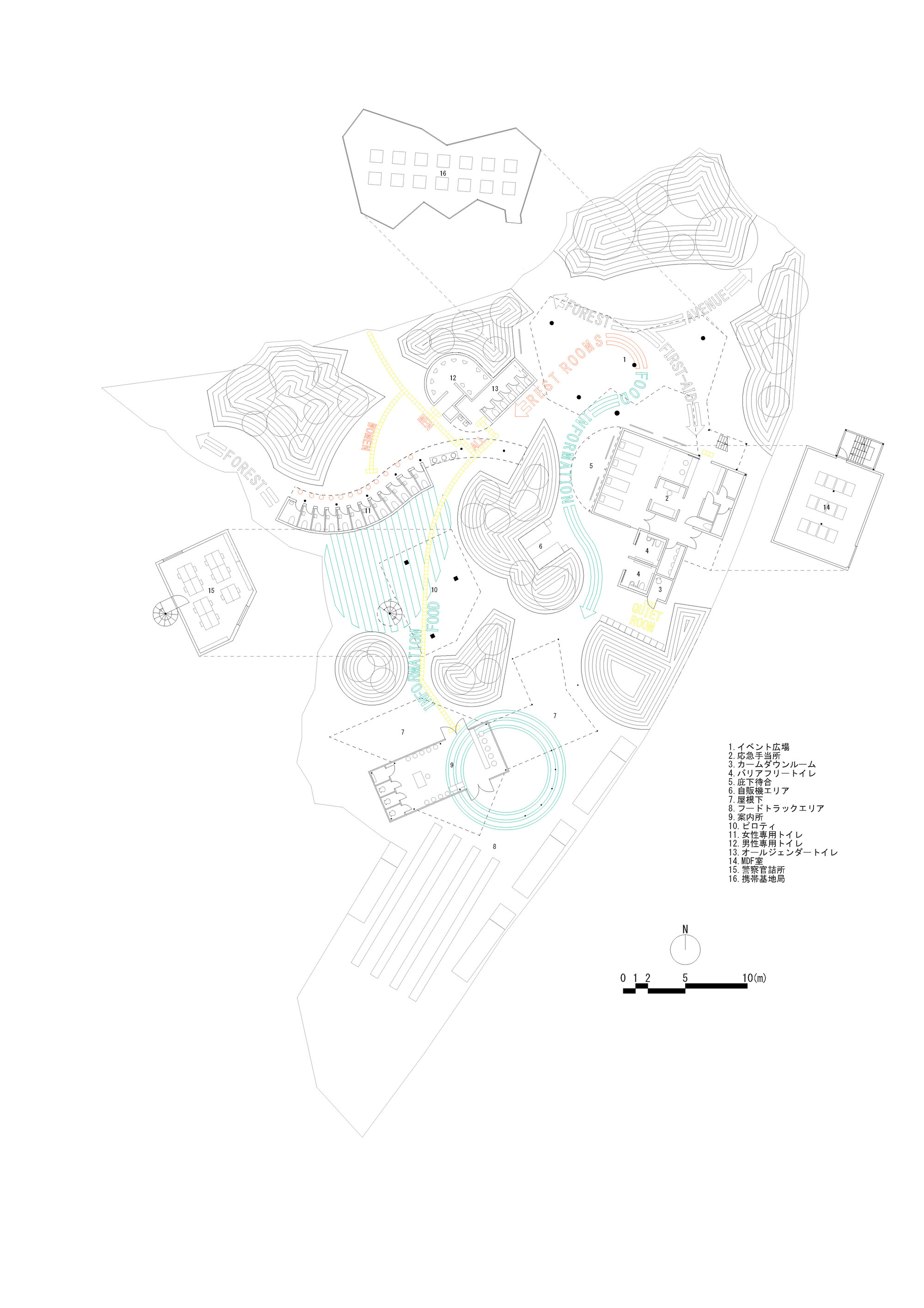 Site plan drawing showing buildings scattered across terraced topography with contour lines and planted areas