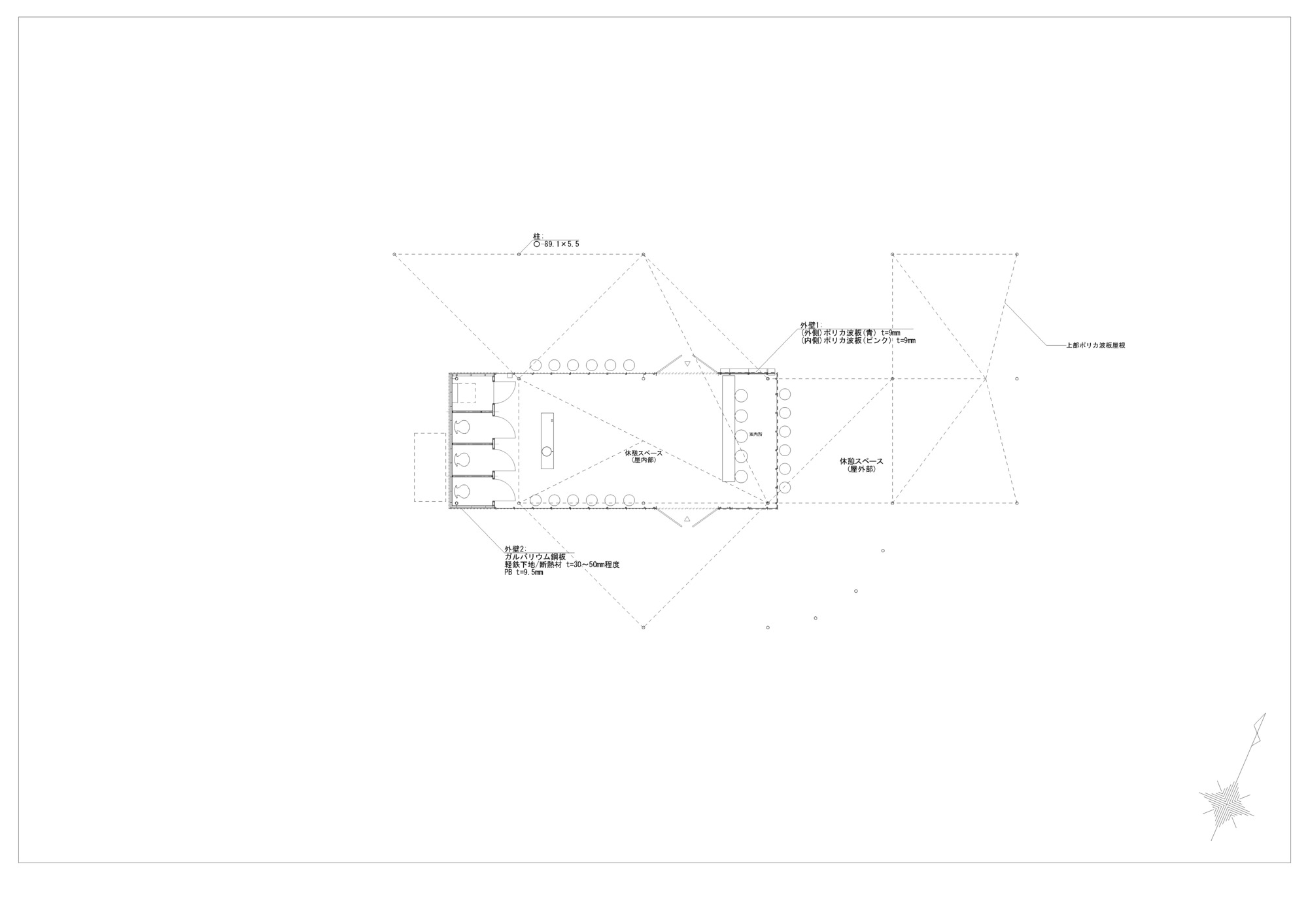 Floor plan drawing of a narrow rectangular building with repeating interior bays