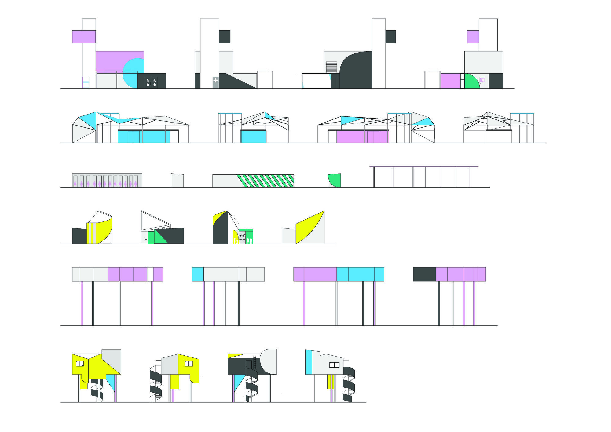 Elevation drawings showing multiple pavilion forms with color-coded panels in purple, cyan, yellow and green