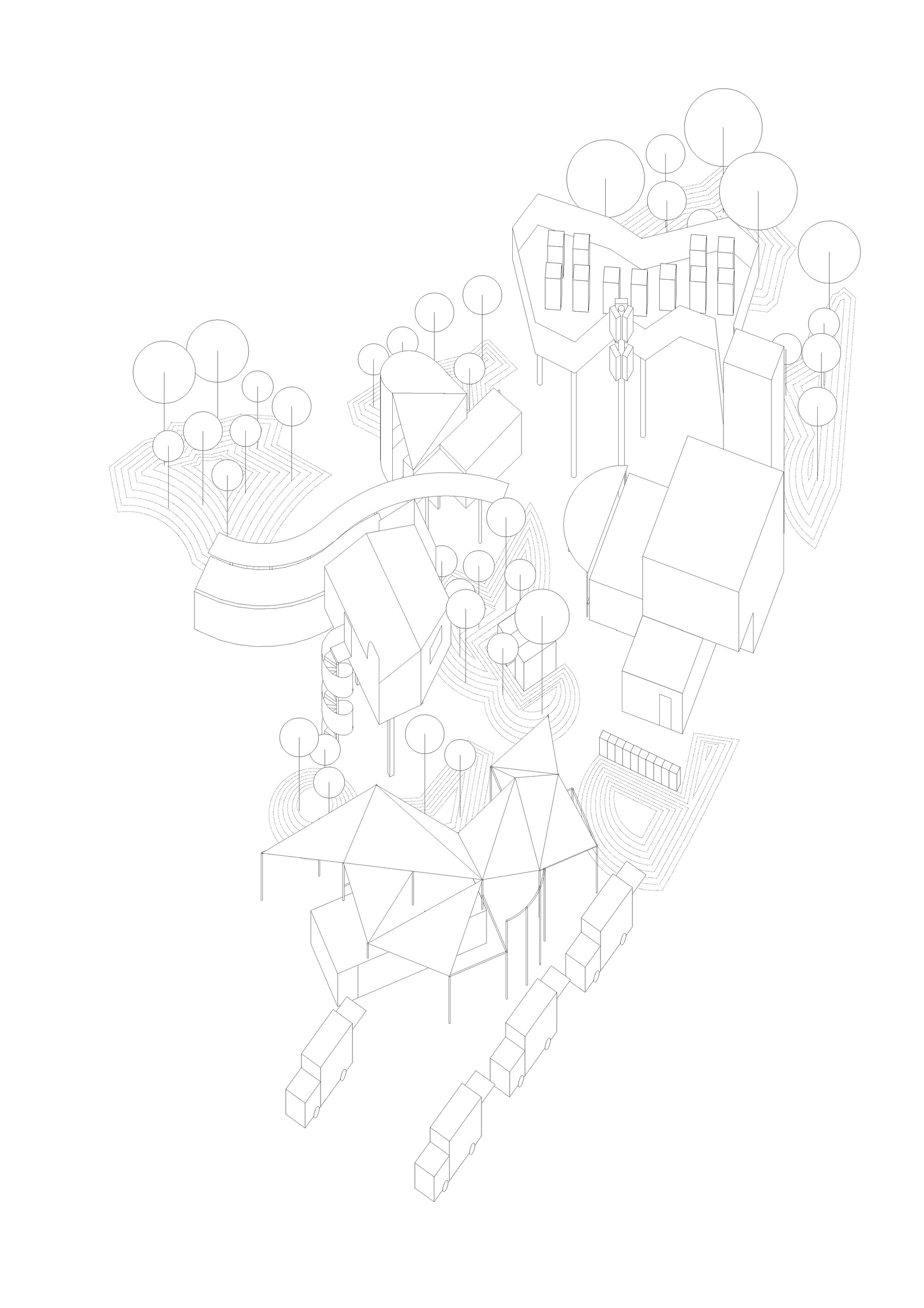 Axonometric line drawing showing clustered pavilions with varied roof forms amid circular tree canopies