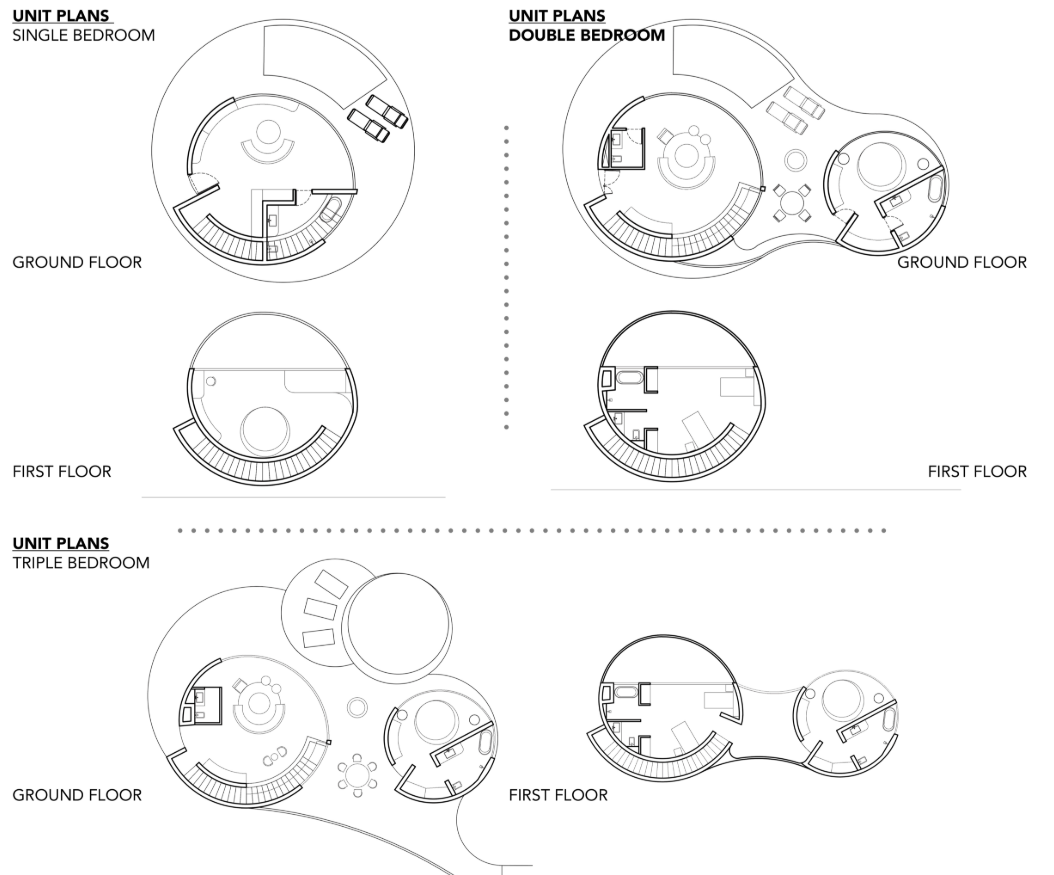 Single, double, and triple-bedroom units use circular layouts to combine private rooms, shared spaces, and outdoor areas