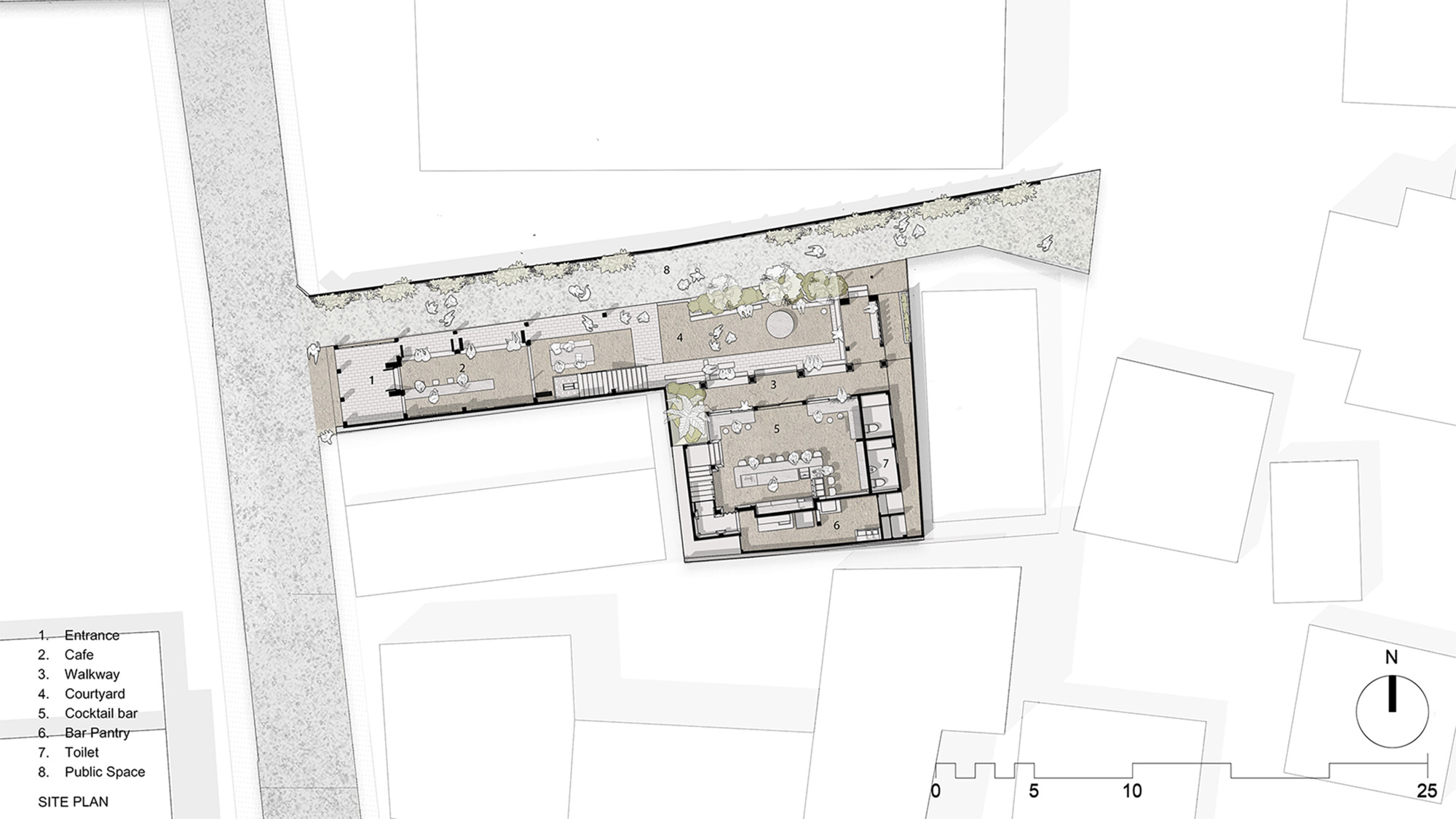 Site plan drawing showing two L-shaped volumes with entrance, cafe, courtyard and cocktail bar areas