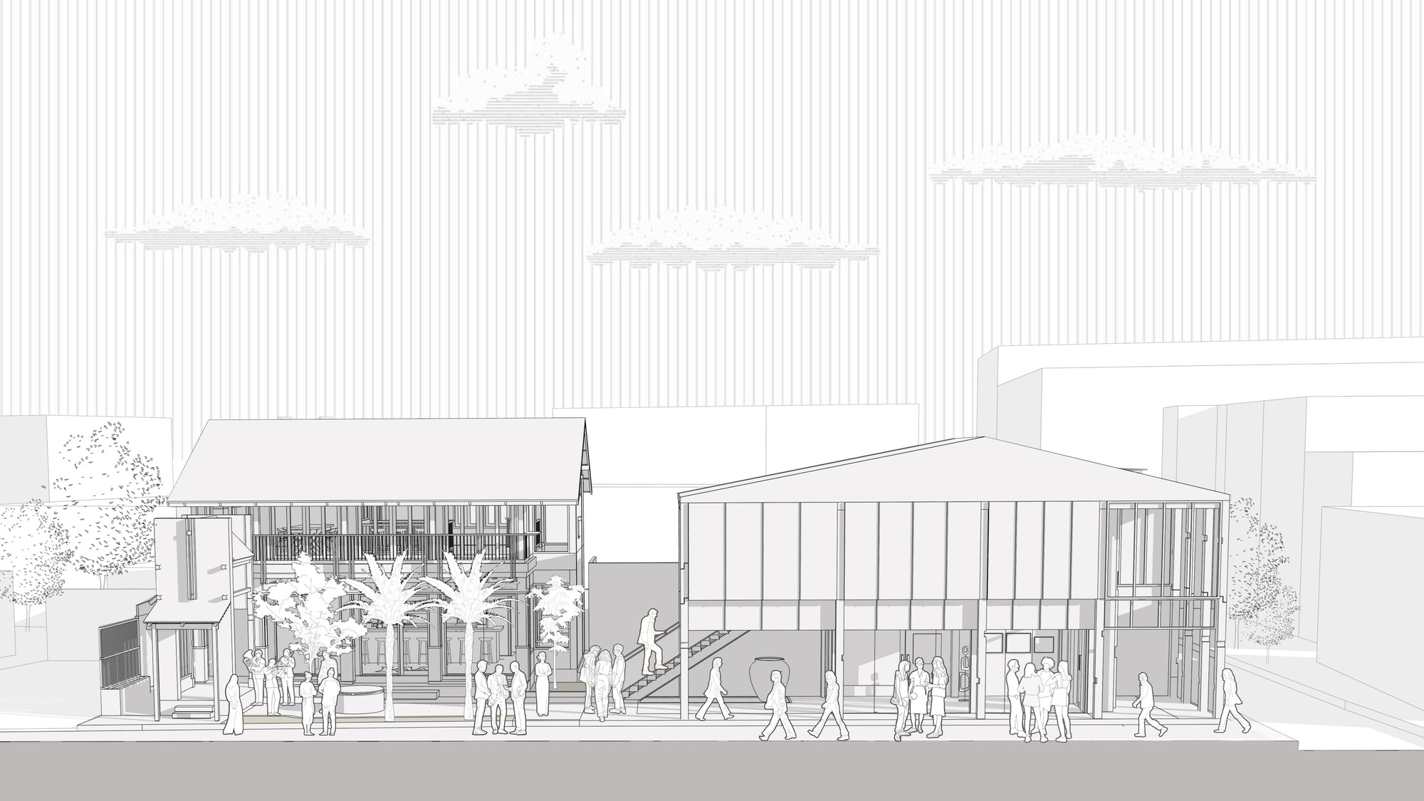 Elevation drawing depicting street-facing facades with vertical slatting and pedestrians gathering at entrances