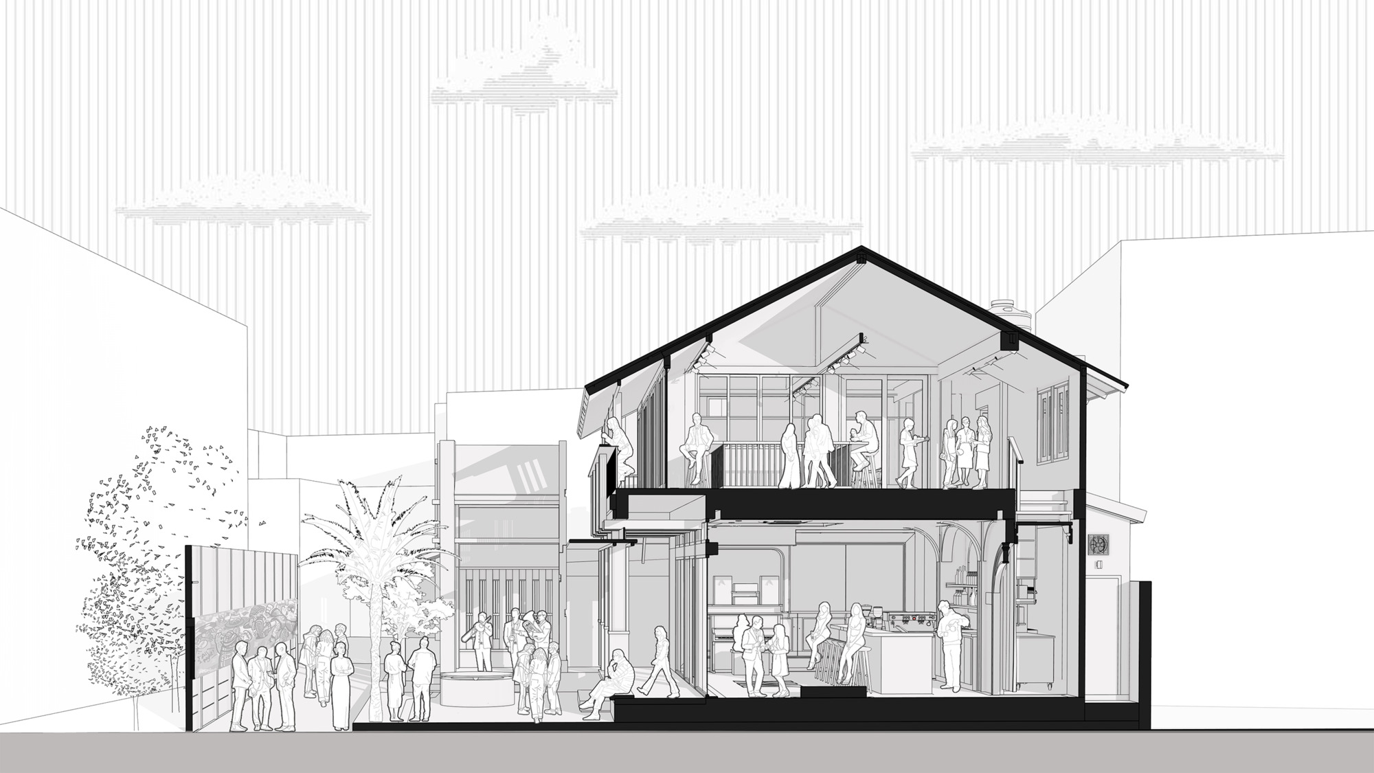 Section drawing showing two-story gabled structure with interior spaces and figures on both levels