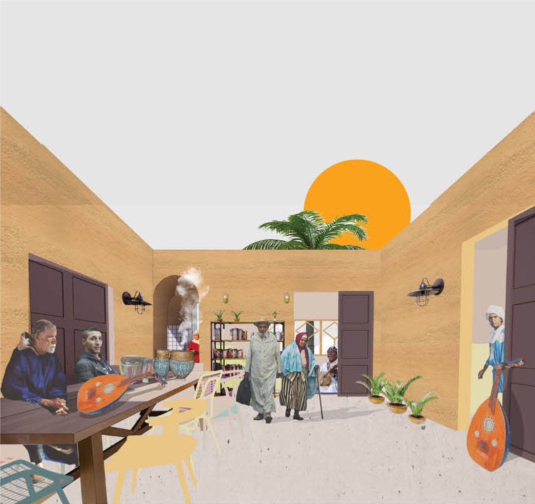 Shared spaces for music, conversation, and gathering strengthen community life within the co-living system.