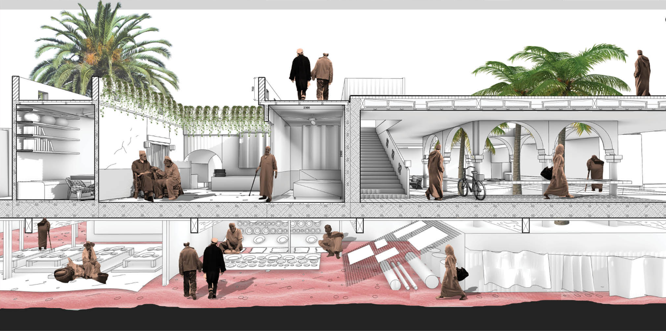 Sectional view revealing layered housing, courtyards, circulation, landscape, and the cultural market below.