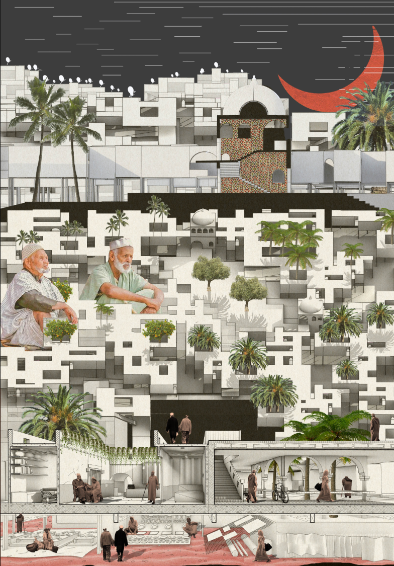 Riyadh For All reinterprets Moroccan urban architecture as a dense, adaptive community for active aging.