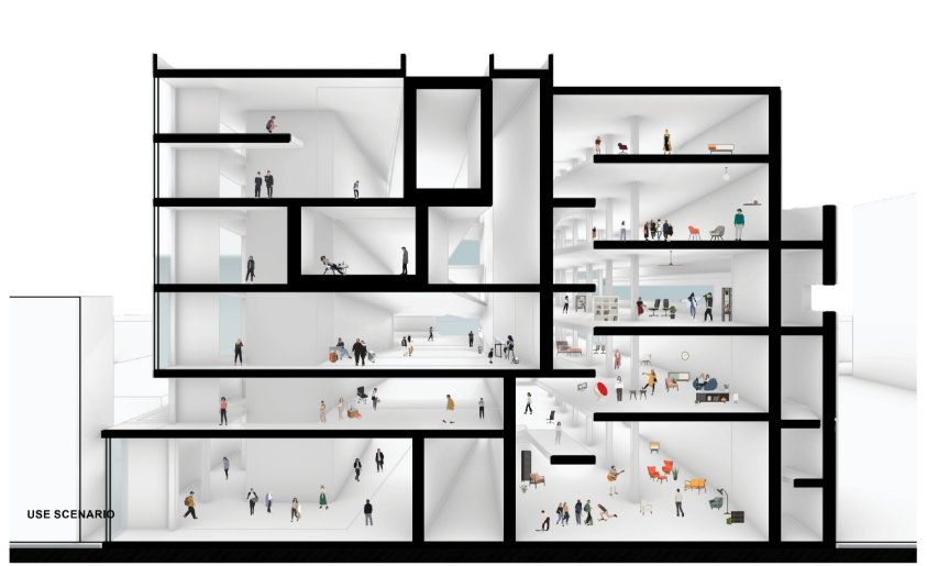 Sectional use scenario showing diverse public, commercial, educational, and storage activities integrated within the adapted parking structure.