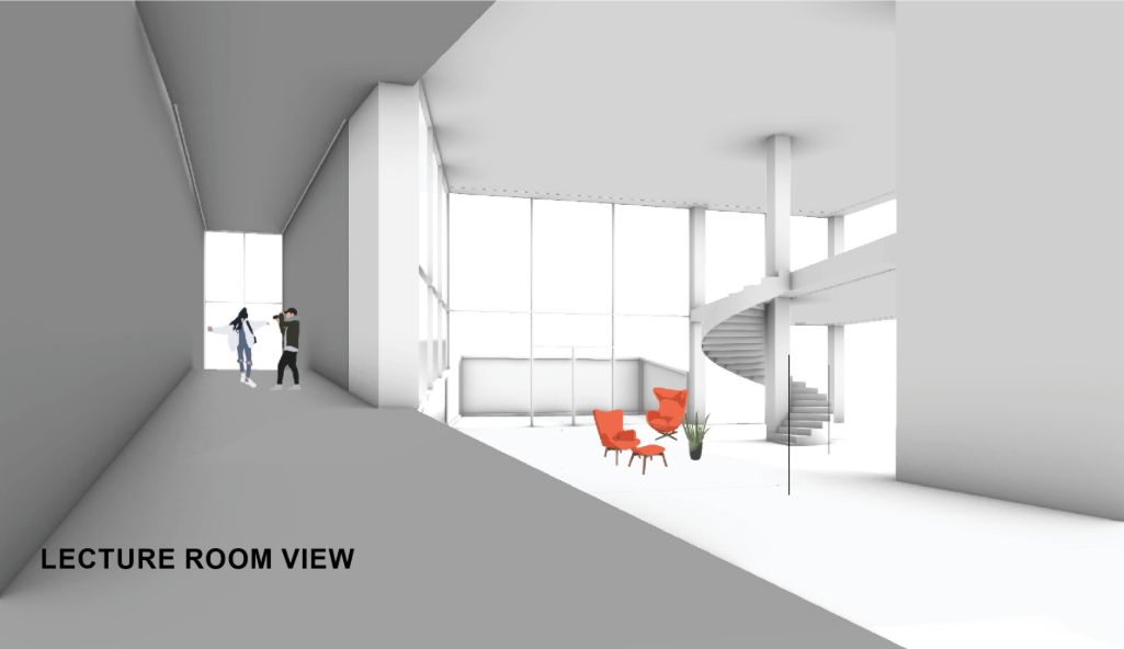 Lecture room view highlighting open interiors, natural light, and flexible spaces for learning and social interaction.
