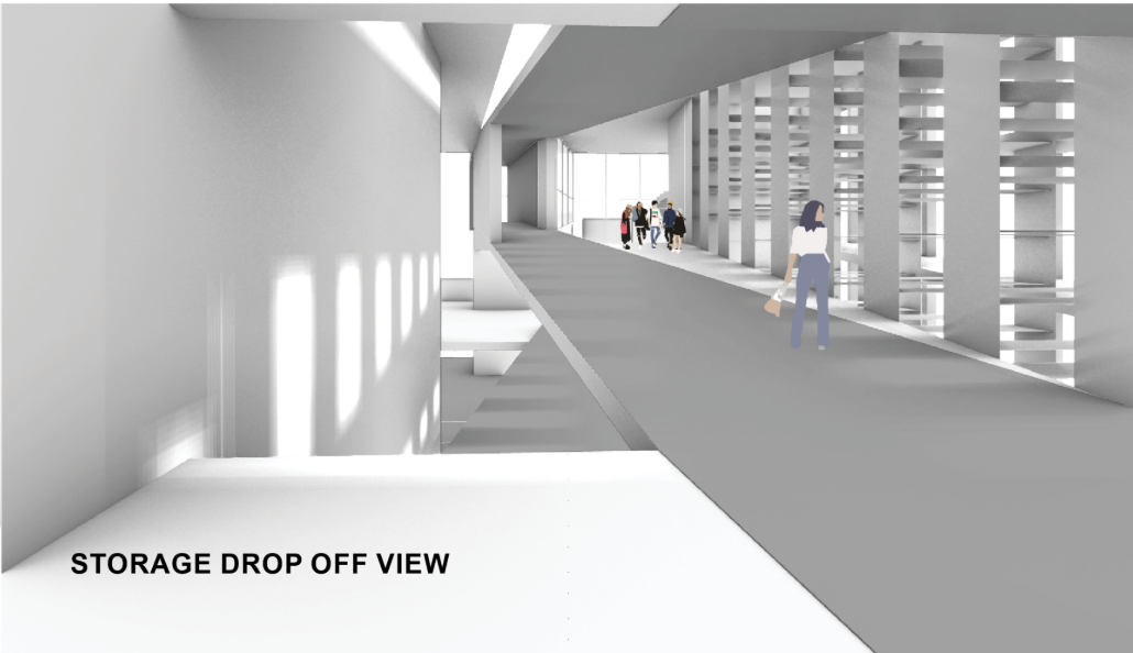 Storage drop-off area uses the existing ramp system to connect logistics movement with pedestrian circulation.
