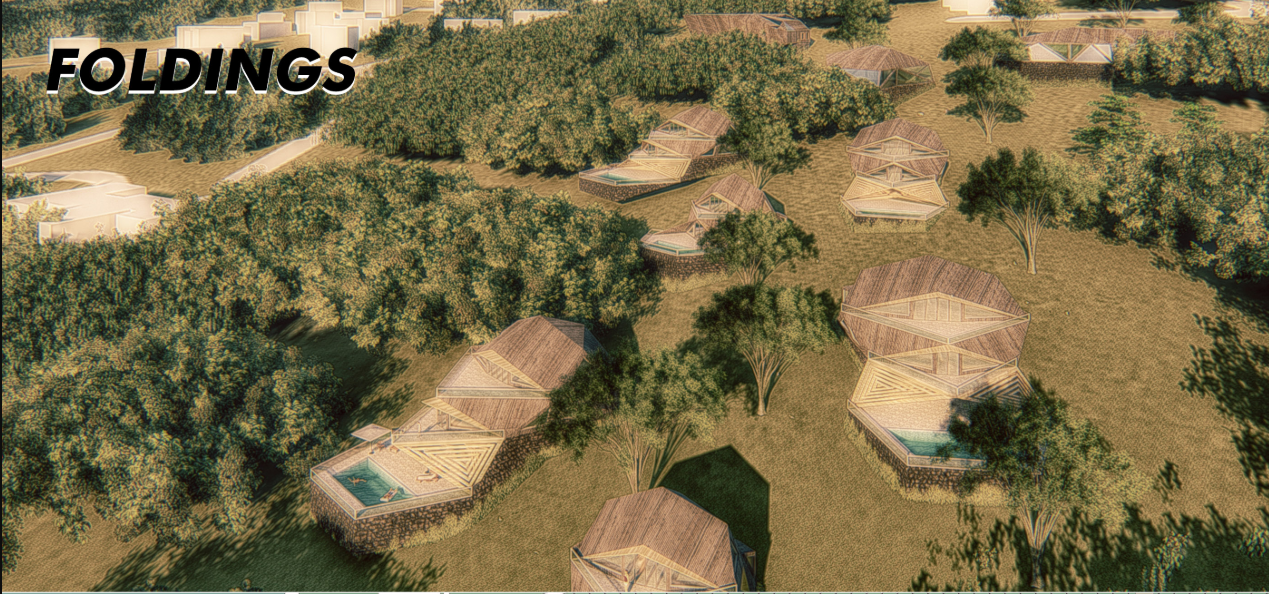Aerial view of FOLDINGS integrating fragmented timber forms with the surrounding landscape