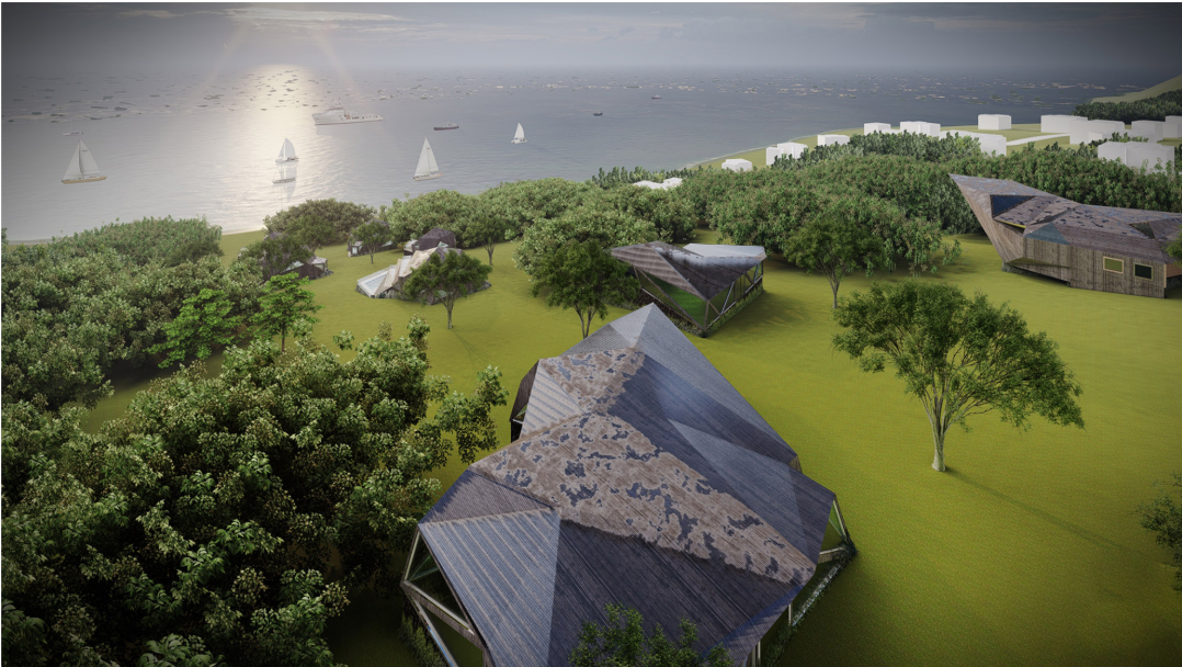 Folded roof structures step across the coastal terrain with expansive sea views