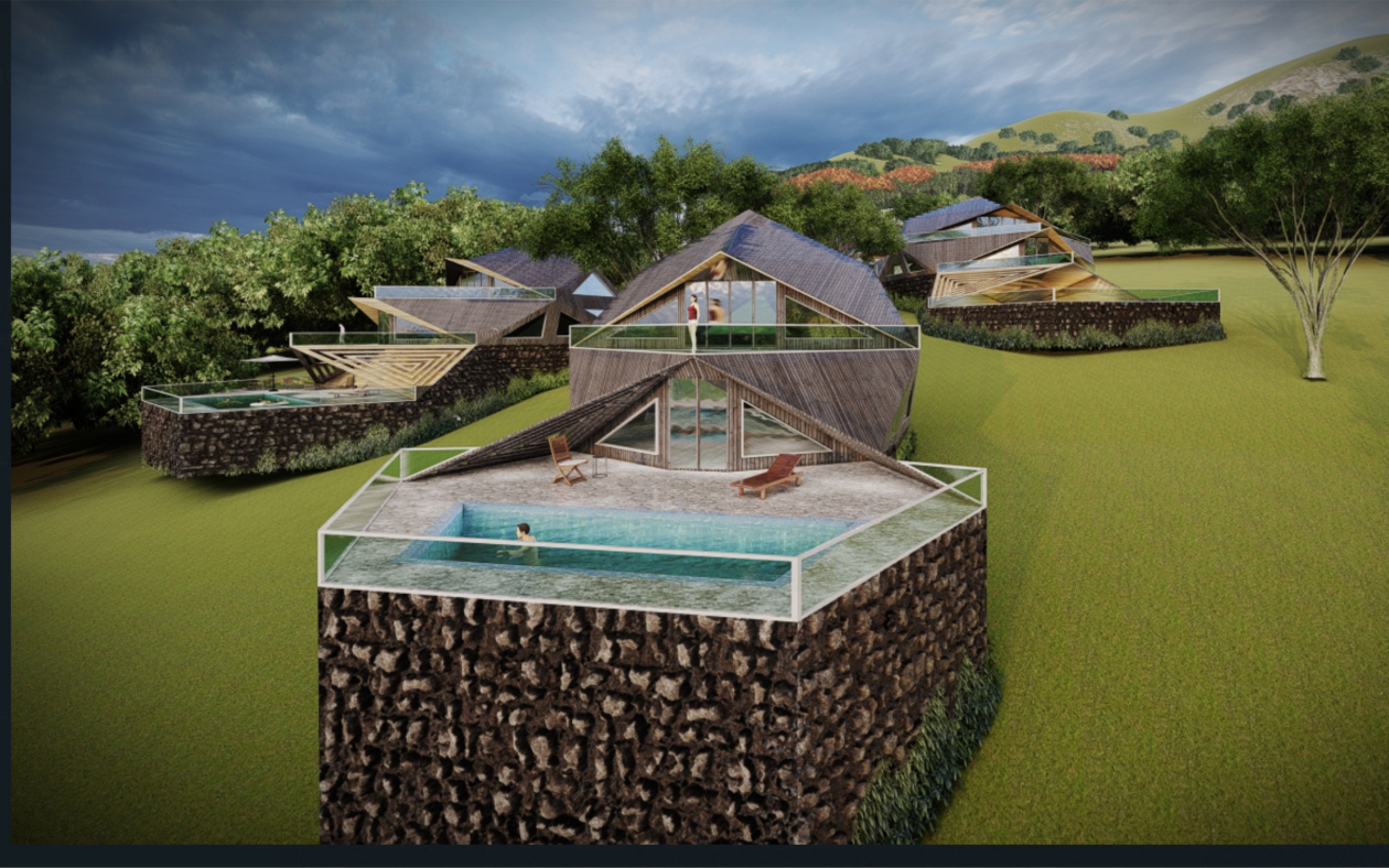 Private retreat units combine volcanic stone bases, timber geometry, glazing, and pools.