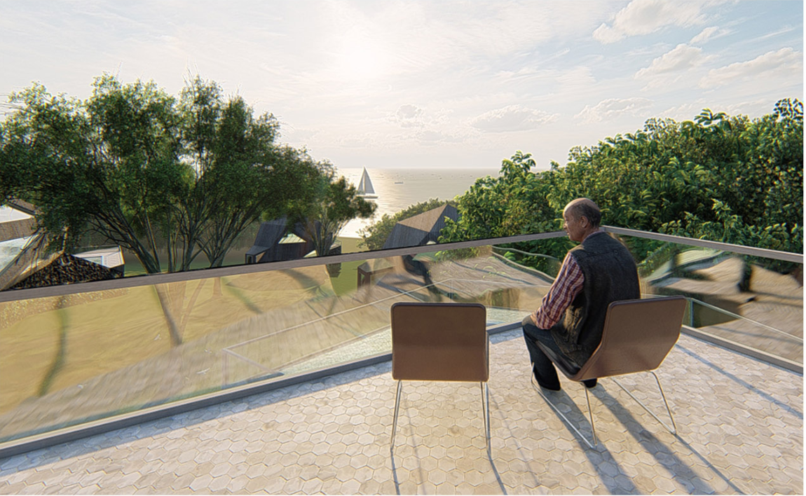 Private terrace overlooking the folded retreat structures, lush landscape, and distant coastline