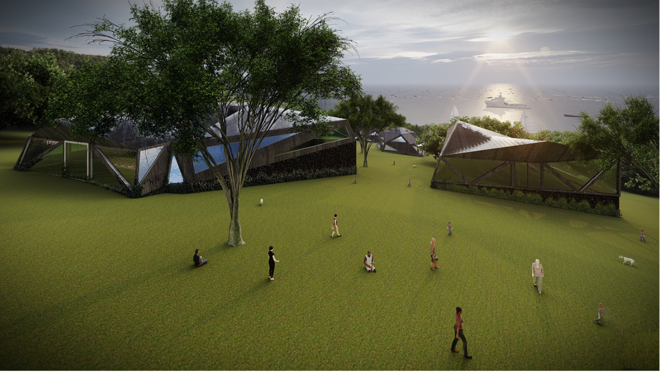 Shared green spaces connect cultural buildings, landscape, and coastal views across the site.