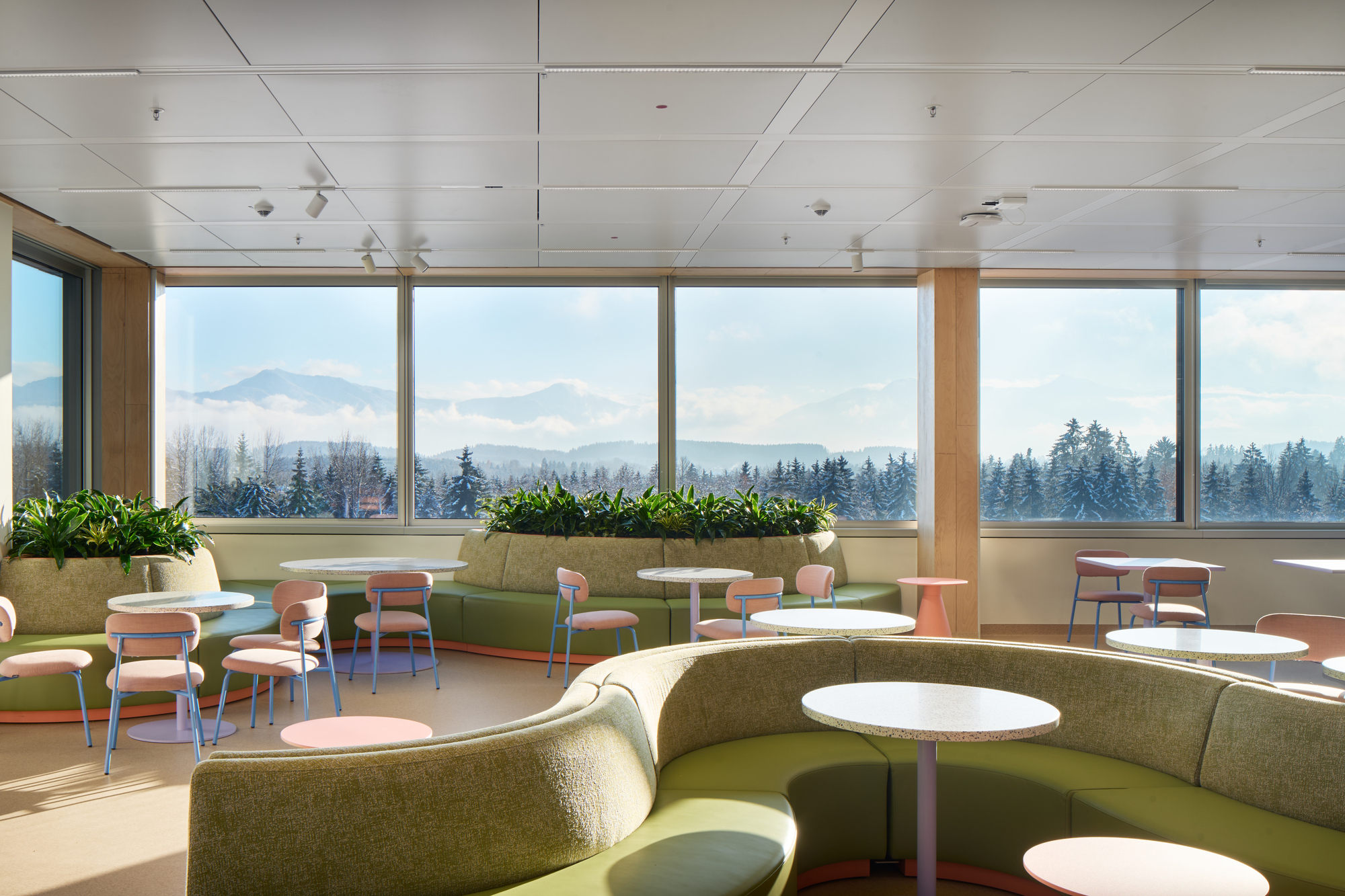 Cafe seating area with curved green banquettes and floor-to-ceiling windows overlooking a snowy treeline