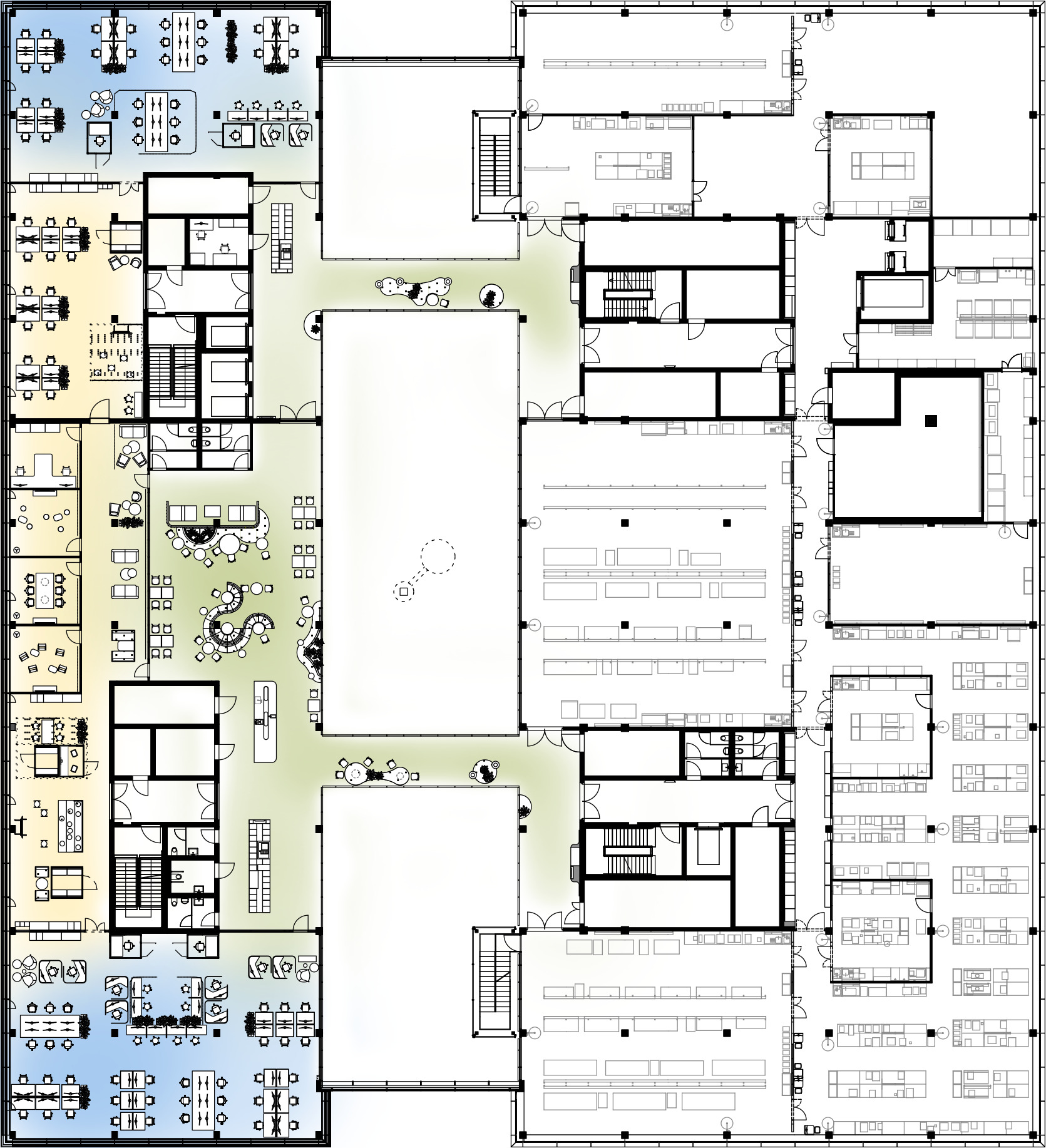 Floor plan drawing showing office wings arranged around a central planted courtyard with scattered trees