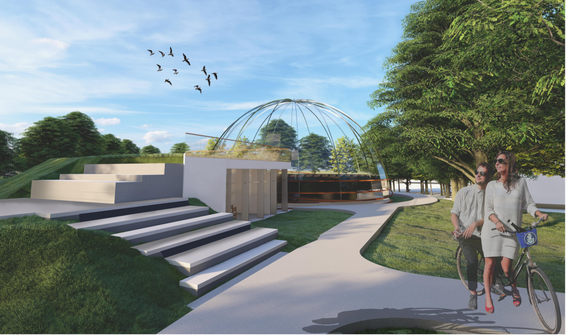 Cinema Futurismo blends its transparent dome with landscaped paths, terraces, and surrounding greenery.