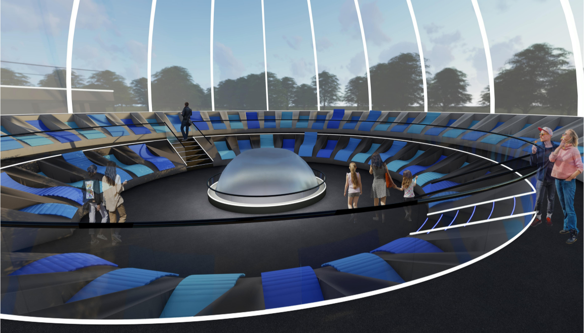 Concentric seating creates an intimate viewing environment focused on the cinema’s central projection zone.