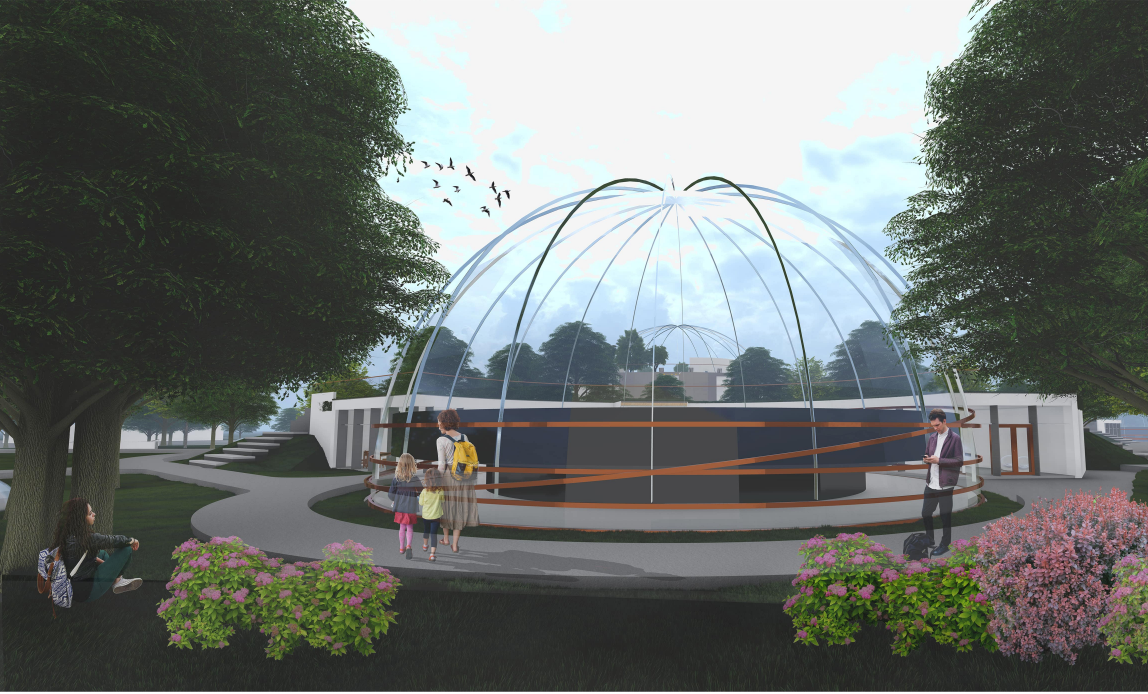 Transparent dome architecture establishes a strong visual connection between the cinema interior and natural surroundings.