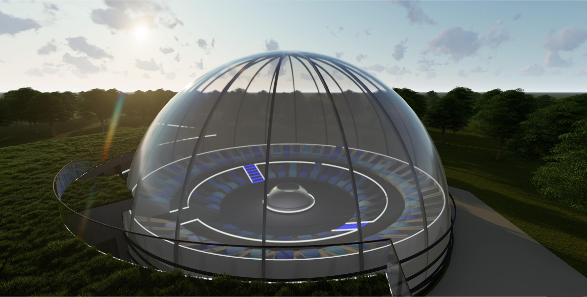 Elevated view of the glass-domed theater revealing its circular auditorium and integrated landscape setting.