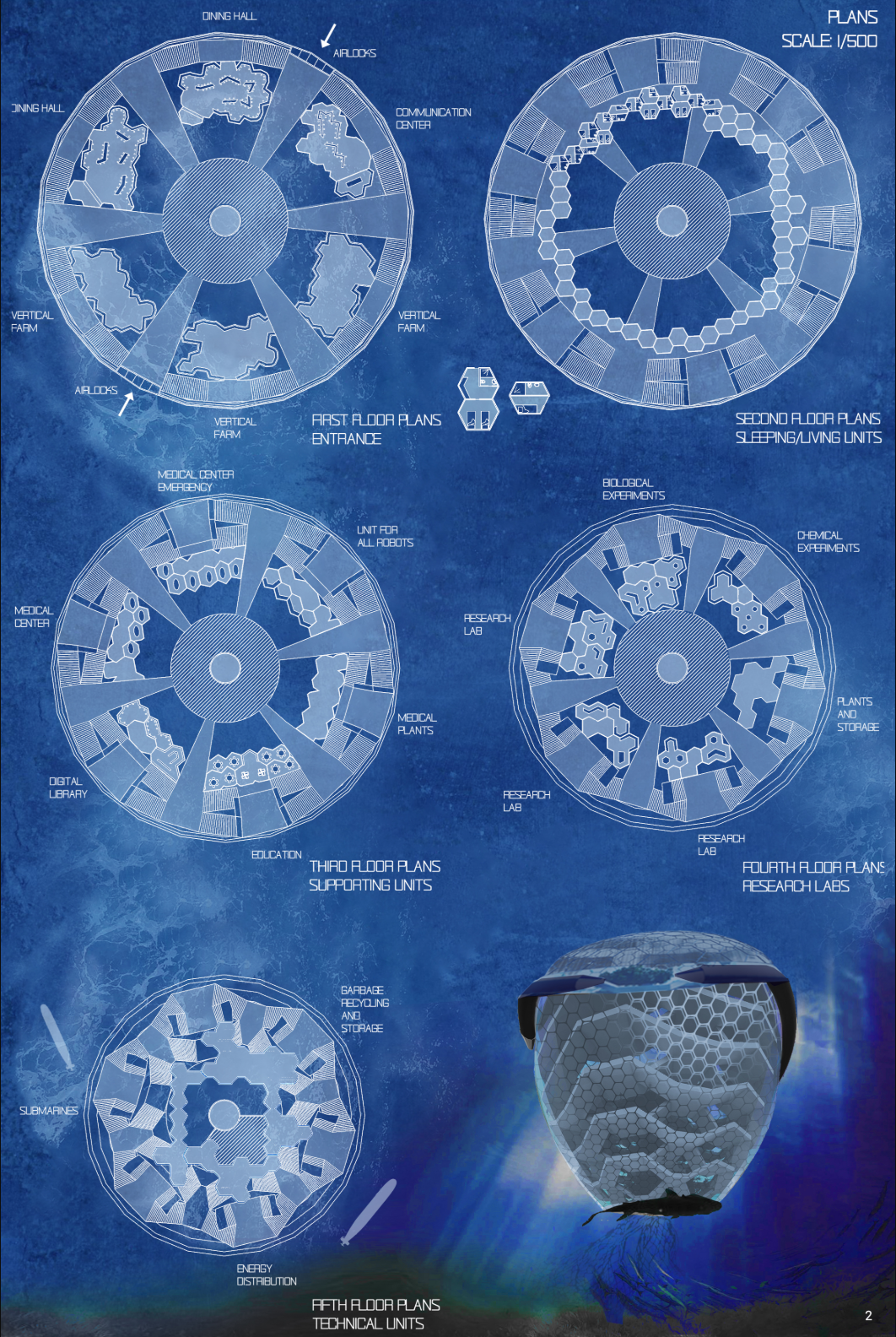 Circular floor plans organize living, farming, healthcare, research, education, and technical functions within the Hive.