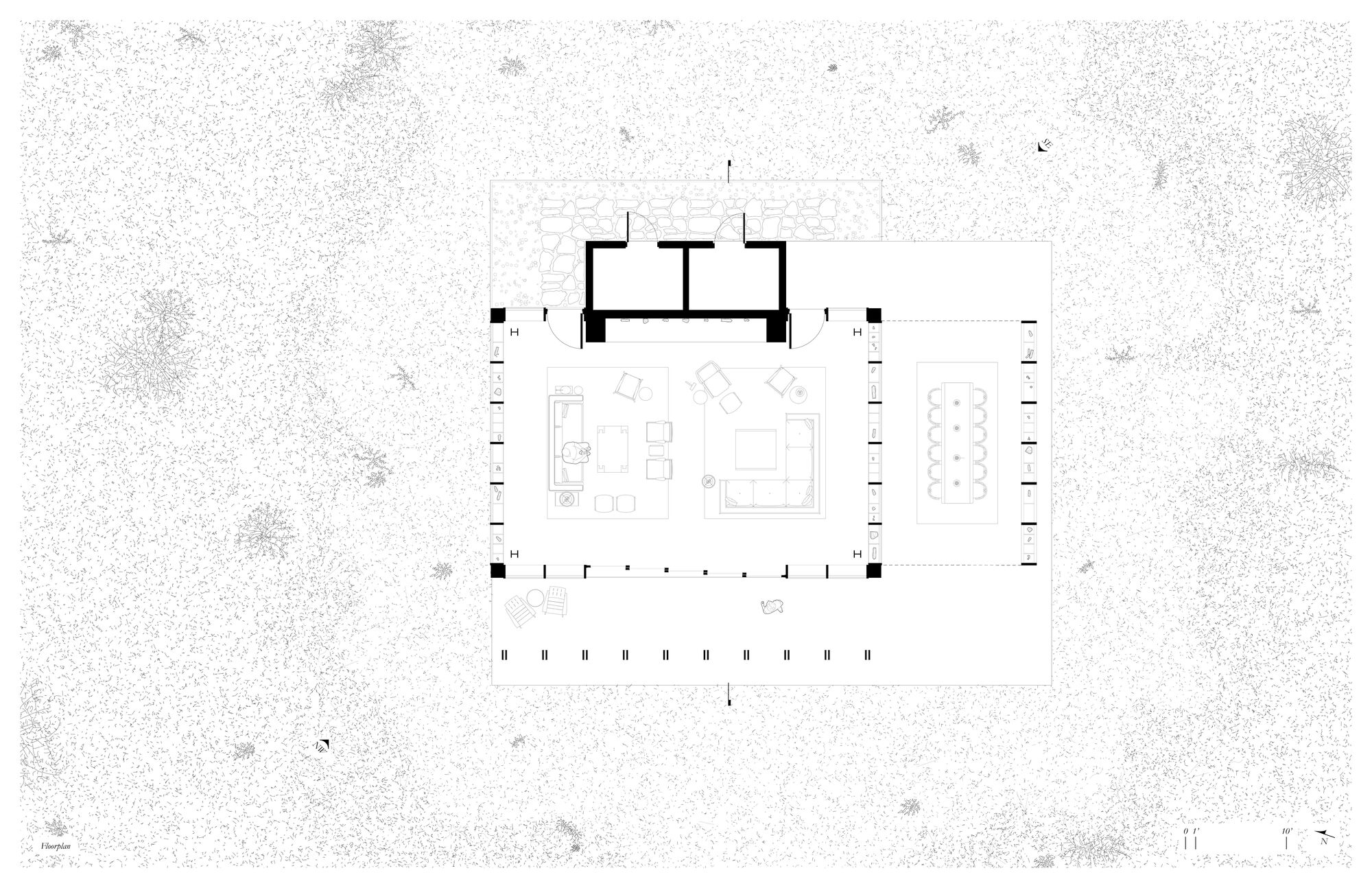 Floor plan drawing showing a rectangular volume with perimeter columns and central living and display spaces