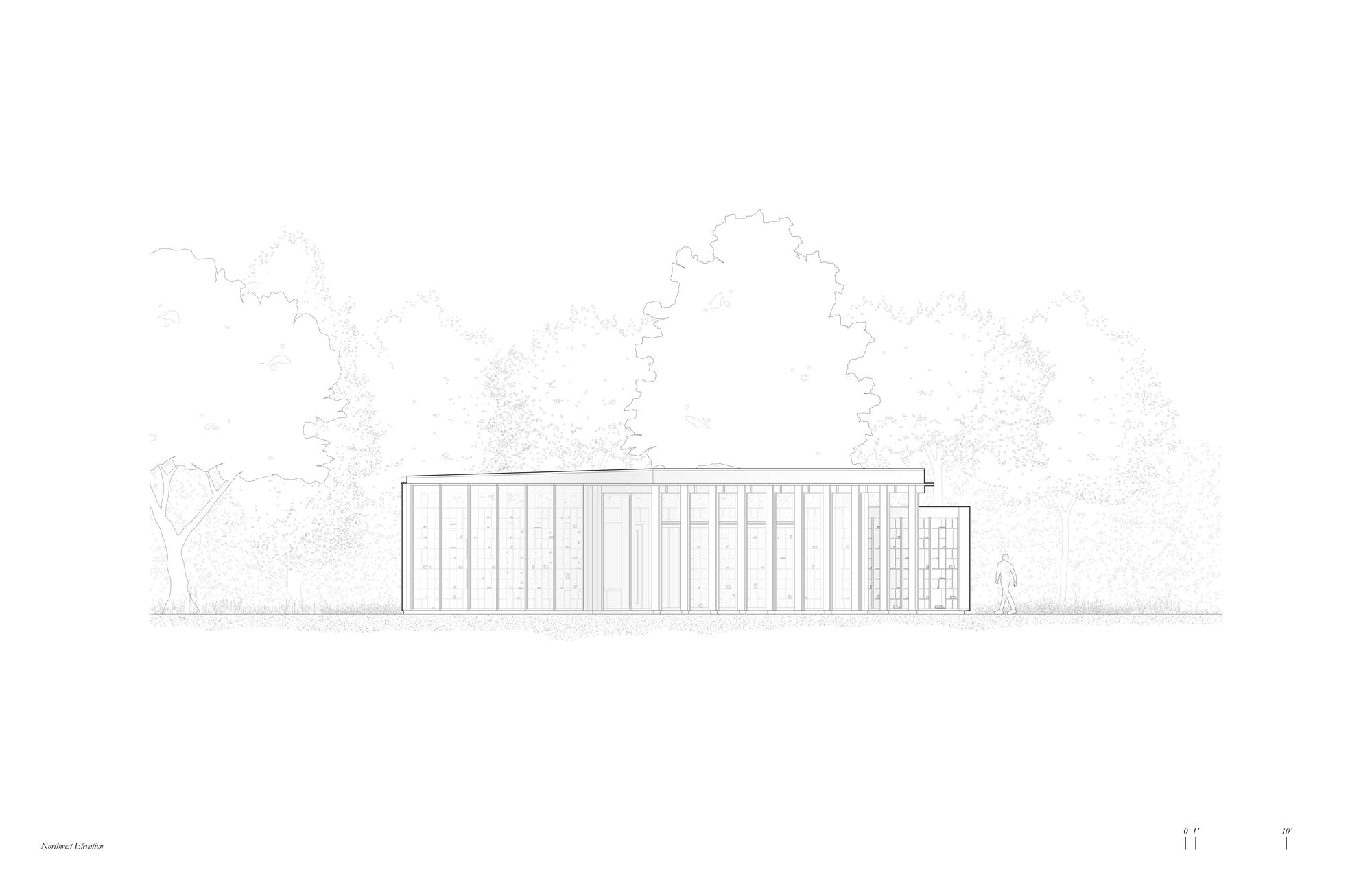 Elevation drawing of a rectangular structure with vertical panel facade surrounded by outlined trees