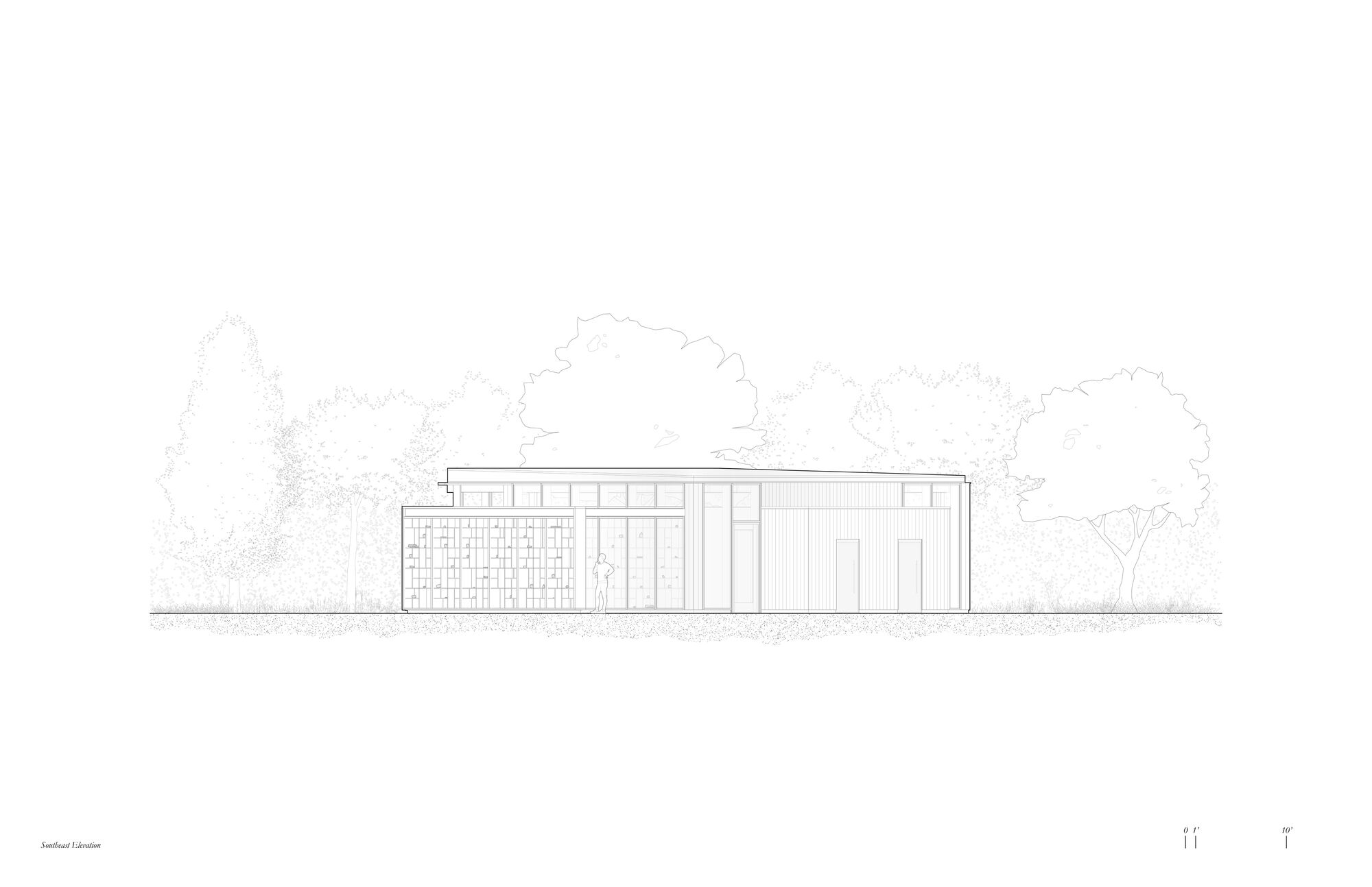 Elevation drawing showing two volumes with brick and vertical panel cladding beneath sketched tree silhouettes