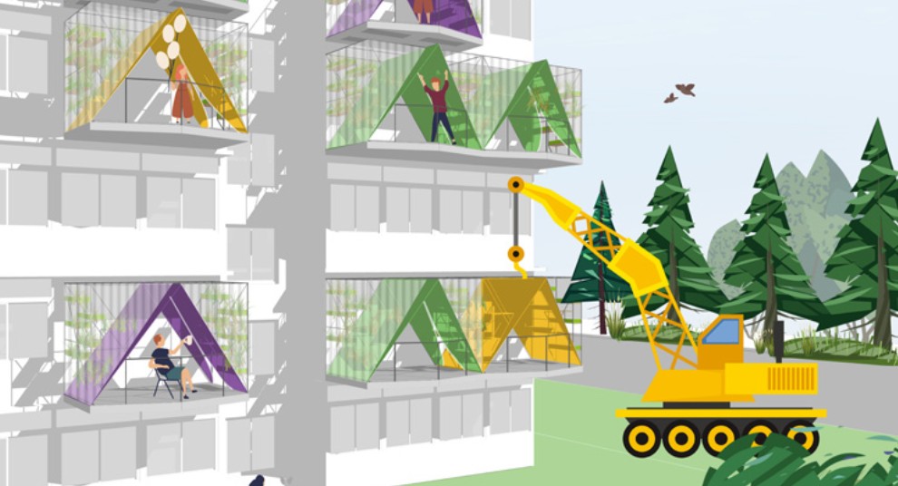 Prefabricated ECOTent modules are added to existing balconies as part of the retrofit strategy