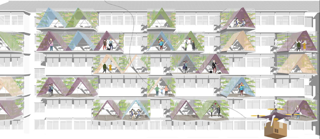 A modular green facade transforms the residential block through varied spaces for living, growing, and socializing