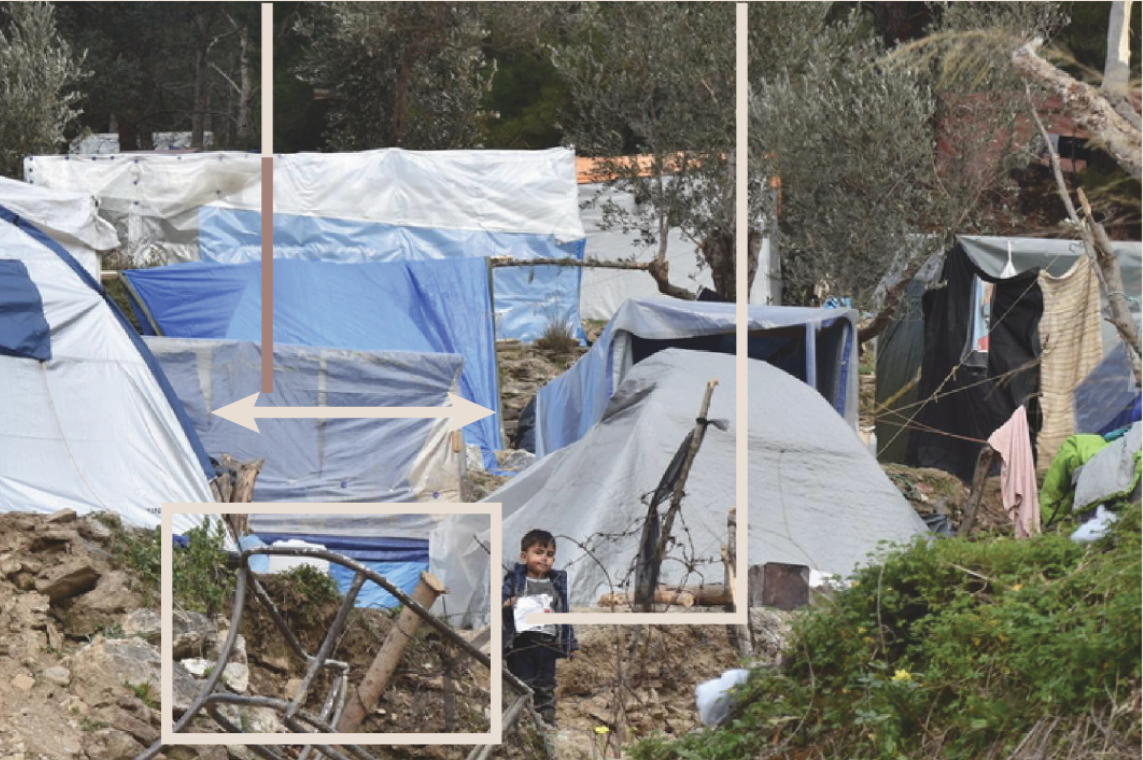 Tarp and tent structures on sloped terrain with a child standing among scattered vegetation