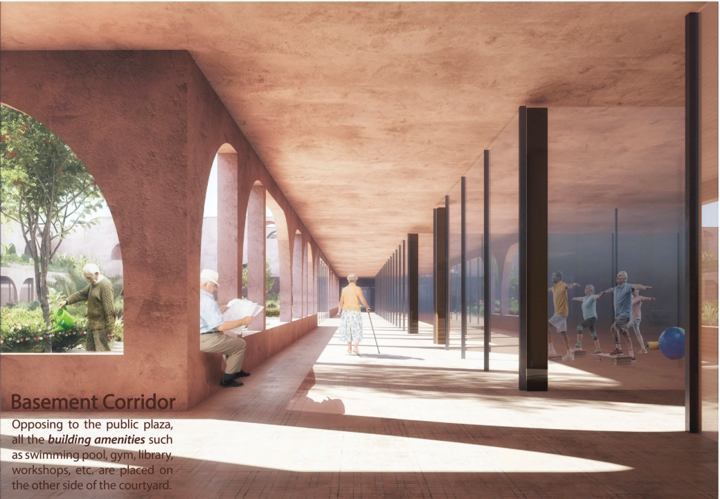A shaded basement corridor connects amenities with views toward the landscaped courtyard.