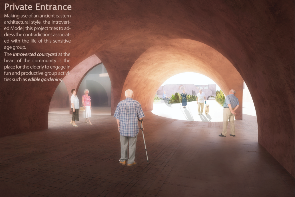 Arched private entrances create sheltered transitions between residential and communal spaces.