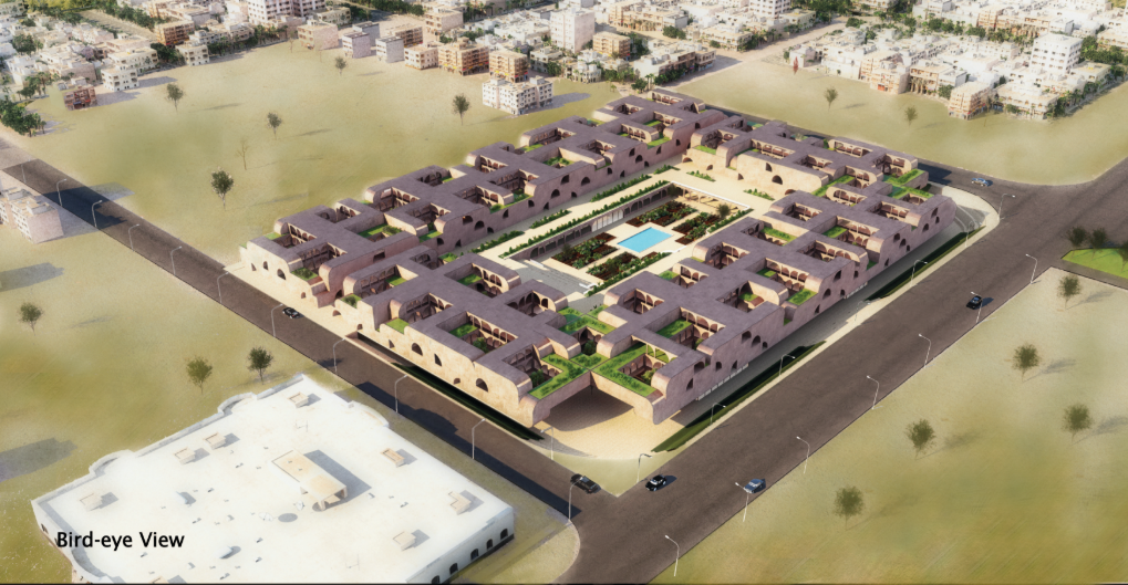 Bird’s-eye view showing residential clusters organized around a productive central courtyard.