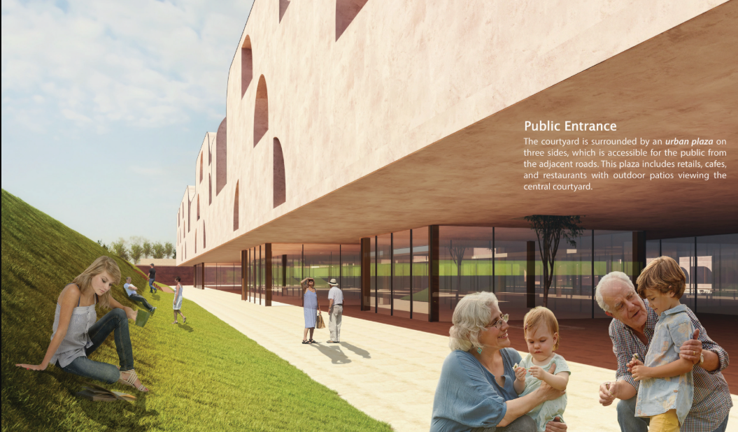 The courtyard-centered layout integrates housing, gardens, amenities, and shared social spaces.