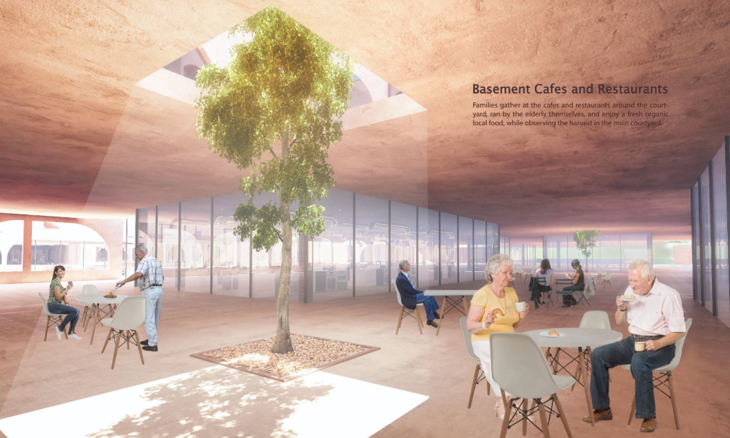 A public entrance connects the senior community with an accessible urban plaza and neighborhood life.