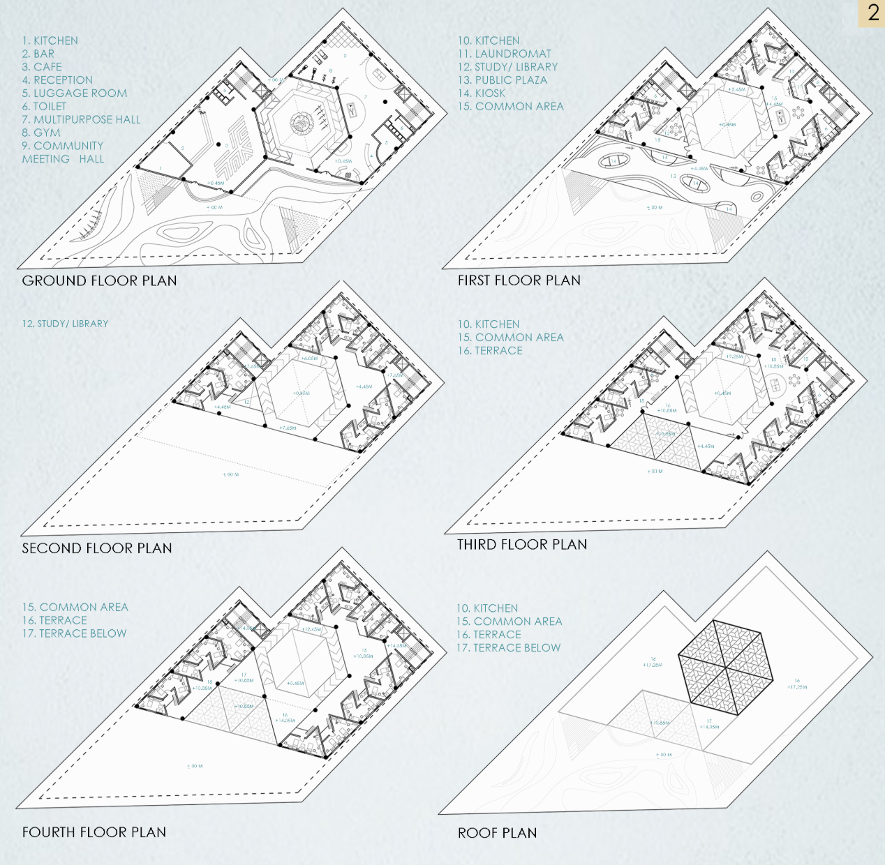 Floor plans organize private rooms, shared facilities, terraces, and social spaces around a central core