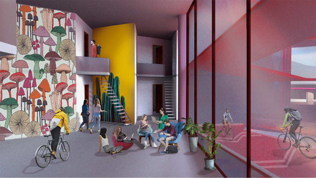 Shared hostel spaces combine social interaction, circulation, and cycling within a vibrant interior environment