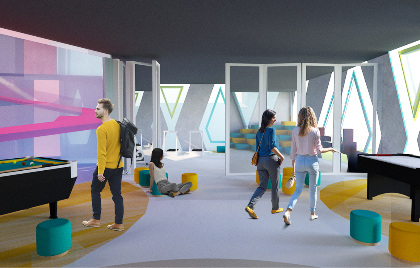 Flexible common lobby designed for recreation, informal meetings, and everyday student interaction