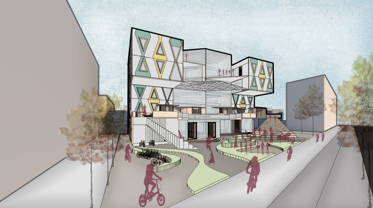 Street-level public realm connects landscaped paths, cycling routes, terraces, and the elevated hostel volumes