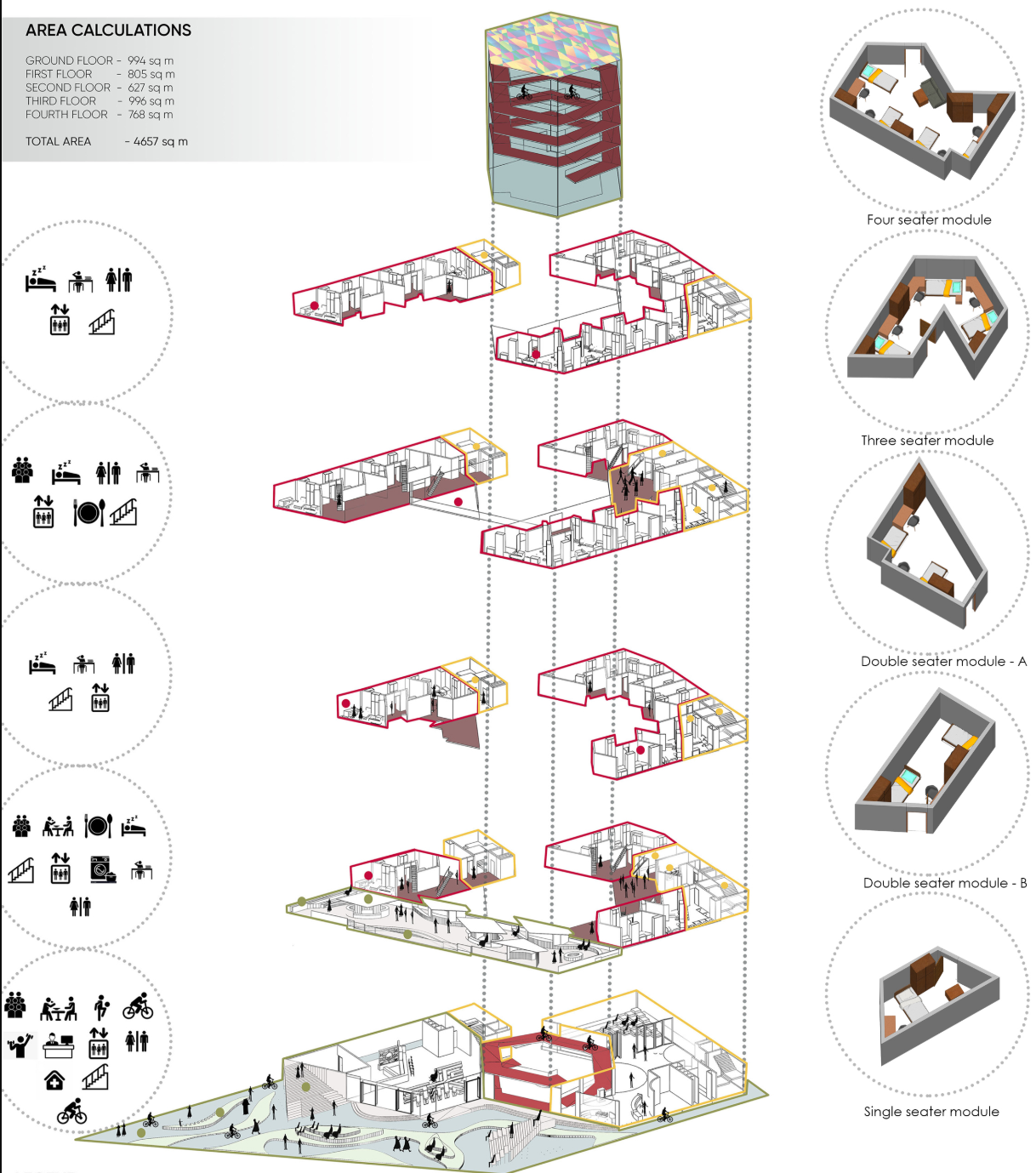 Exploded axonometric shows modular hostel units, communal programs, circulation, and adaptable accommodation types